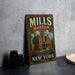 A vintage-style sign for Mills mansion, a historic landmark in New York, featuring an illustration of the mansion and the text "MILLS MANSION" prominently displayed.