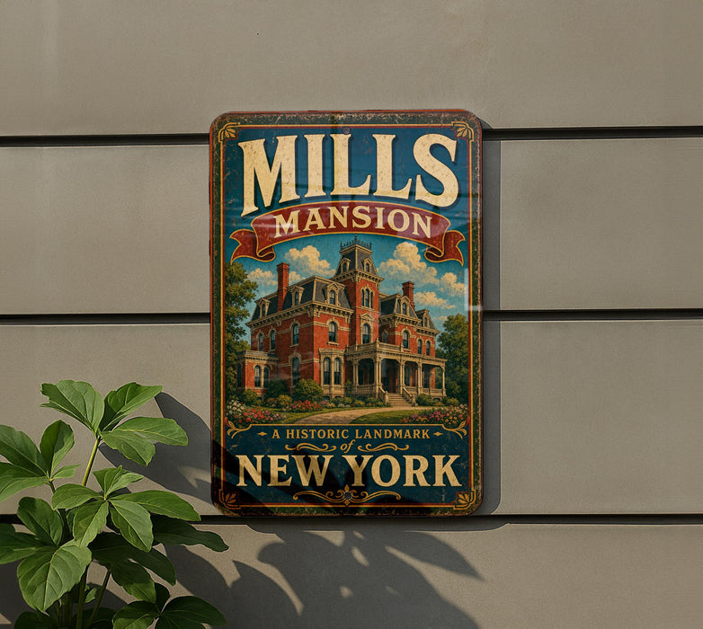 A vintage-style sign for "MILLS MANION" is displayed on a wall, featuring an illustration of a historic mansion.