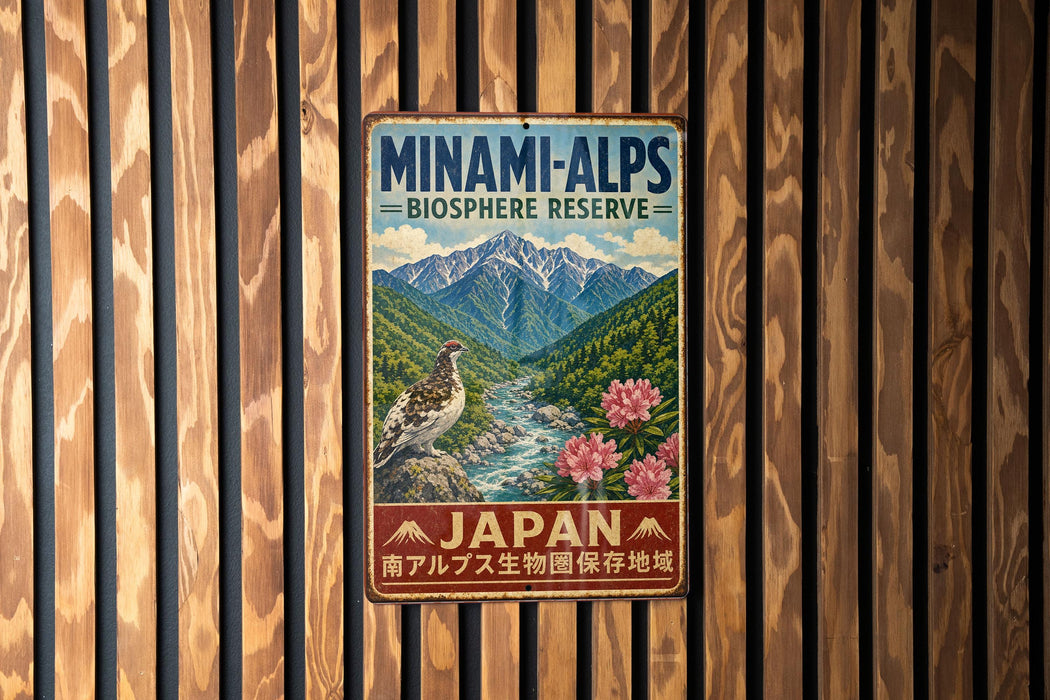 a vintage-style metal sign with a mountain landscape and a bird, mounted on a wooden wall.