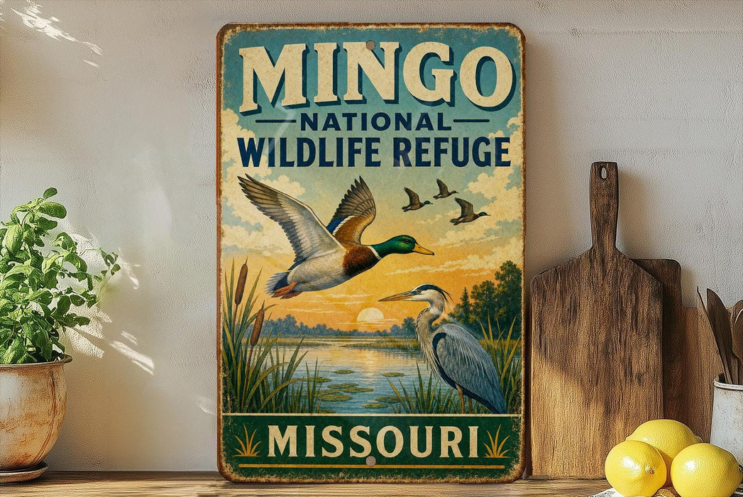 A vintage-style metal sign for the Mingso National Wildlife Refuge in Missouri, featuring illustrations of ducks and other wildlife.
