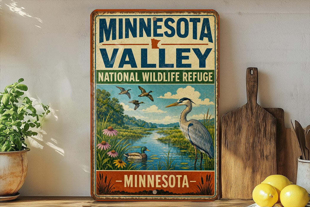 A vintage-style sign for the Minnesota Valley National Wildlife Refuge, featuring an illustration of a bird, a river, and a landscape with trees and flowers.