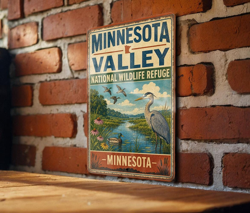 A vintage-style metal sign for the Minnesota Valley National Wildlife Refuge, featuring a scenic illustration of birds and wildlife in the area.