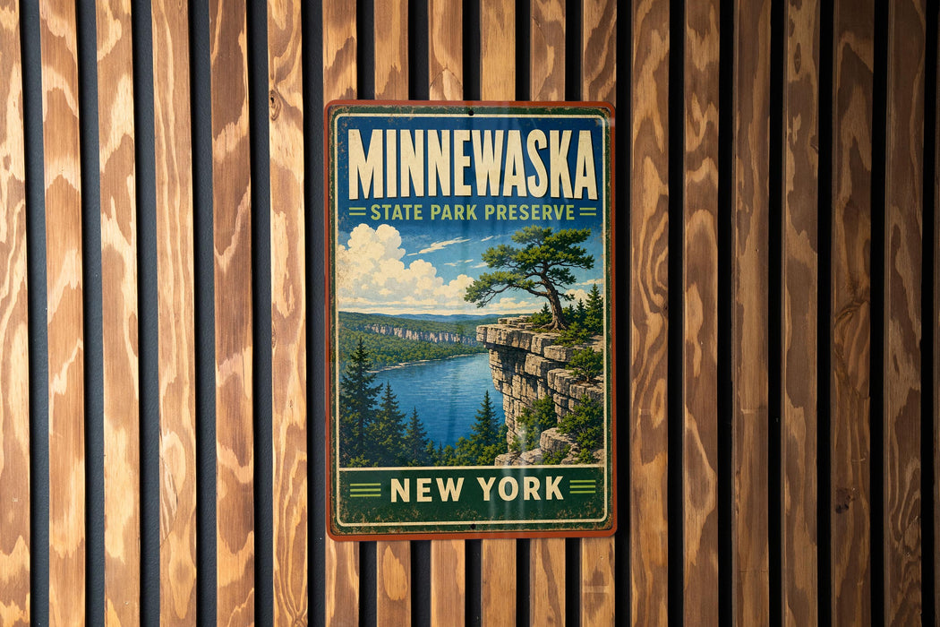 A vintage-style metal sign for Minneconka State Park Preserve, featuring a scenic landscape with a lake, cliffs, and pine trees.