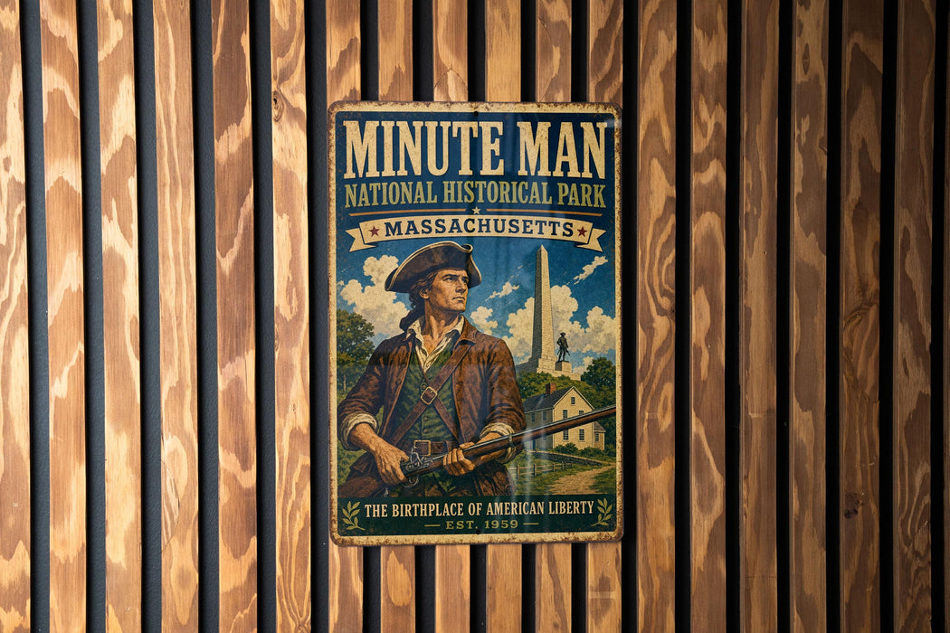 a vintage-style metal sign for Minute Man National Historical Park in Massachusetts, with a depiction of a man in a historical outfit and a gun.