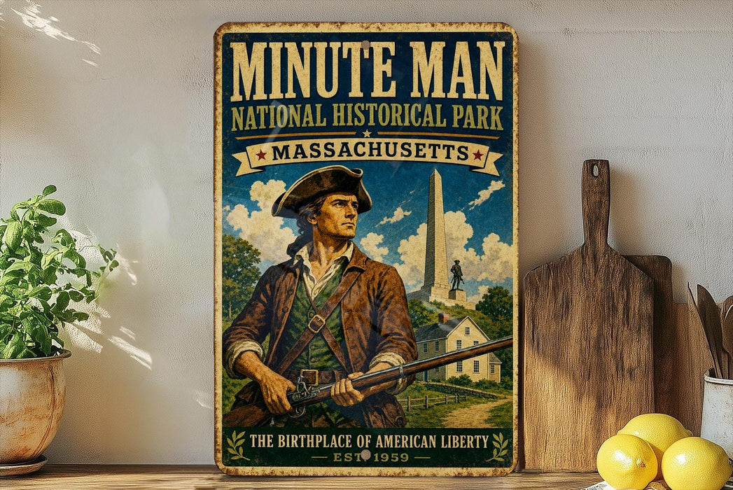 a vintage-style metal sign with a historical theme, depicting a man in a historical outfit holding a rifle, with a backdrop of a building and a cloudy sky.