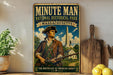 a vintage-style metal sign with a historical theme, depicting a man in a historical outfit holding a rifle, with a backdrop of a building and a cloudy sky.