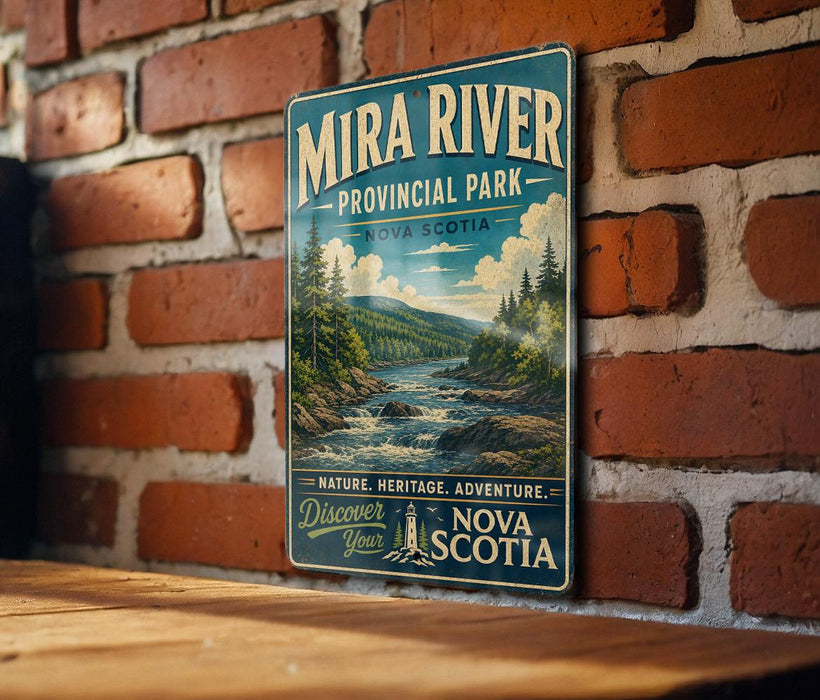 A vintage-style metal sign for Mira River Provincial Park in Nova Scotia, featuring a scenic landscape with a river, mountains, and pine trees.