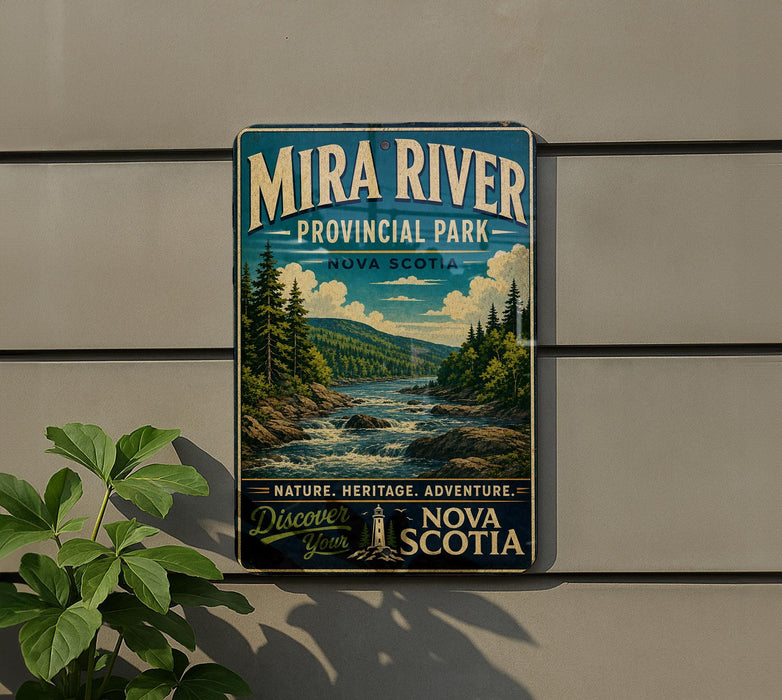 a vintage-style sign for the Mira River Provincial Park in Nova Scotia, Canada.