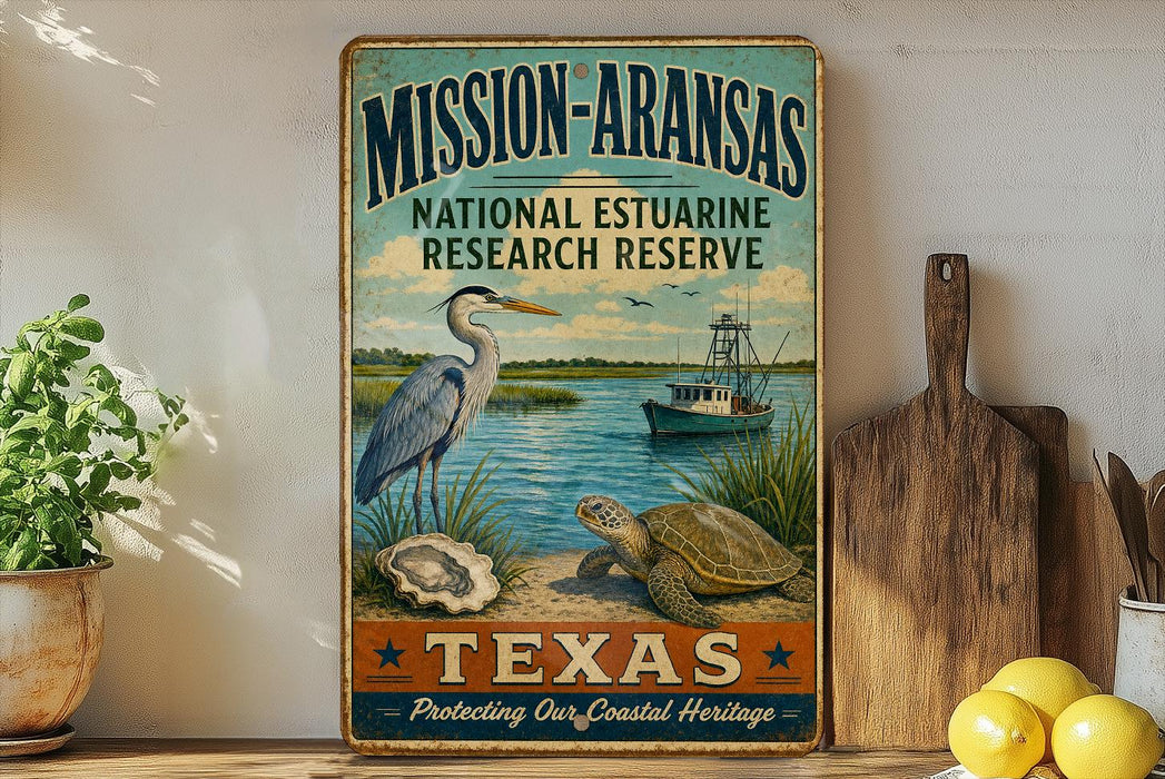 A vintage-style metal sign for the Mission Aransas National Estuarine Research Reserve in Texas, featuring illustrations of a heron, a turtle, and a boat on a body of water.