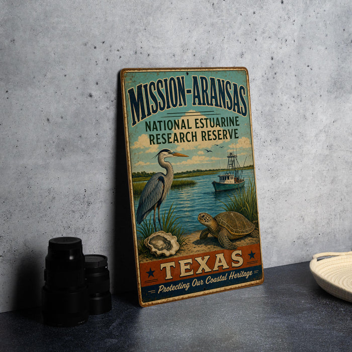 A vintage-style metal sign for the Mission-Aransas National Estuarine Research Reserve in Texas, featuring illustrations of a crane, a heron, and a turtle.