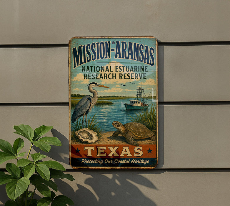 A vintage-style sign for the Mission-Aransas National Estuarine Research Reserve in Texas, featuring a heron, a turtle, and a boat on a body of water.