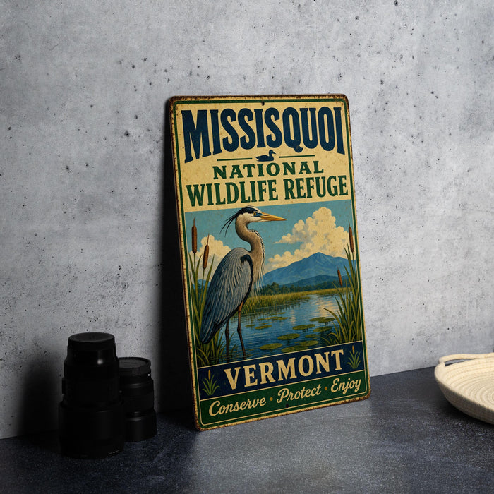 A vintage-style metal sign for the Missisquoi National Wildlife Refuge in Vermont, featuring an illustration of a heron and a serene landscape.