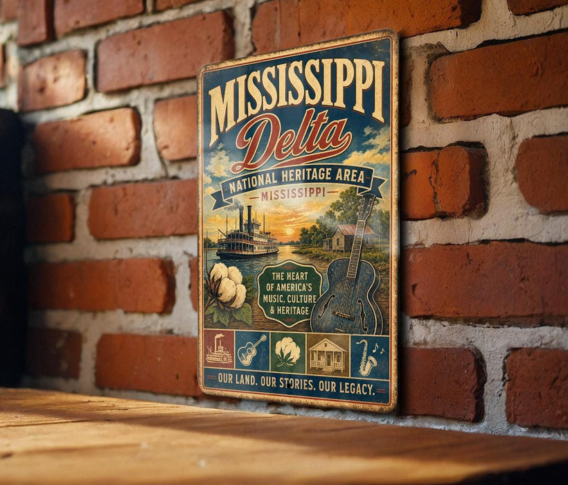 A vintage-style metal sign for the Mississippi Delta National Heritage Area in Mississippi, featuring illustrations of landmarks and symbols associated with the region.