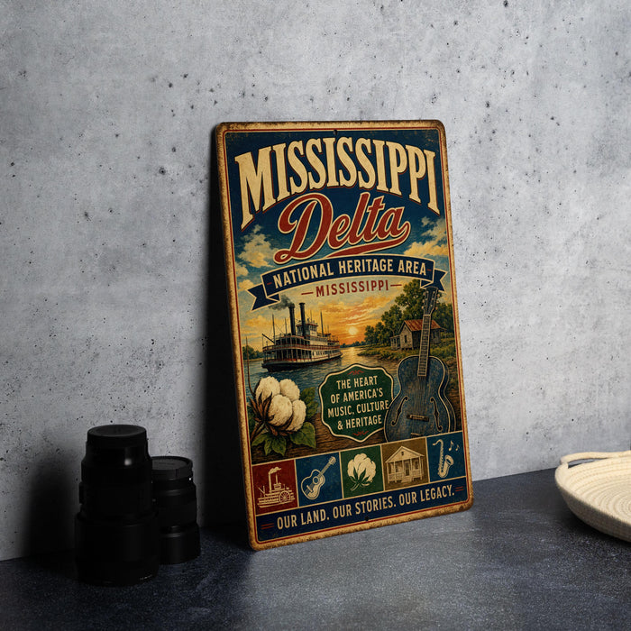 A vintage-style sign for the National Heritage Area of Mississippi Delta, featuring illustrations of various landmarks and symbols associated with the region.