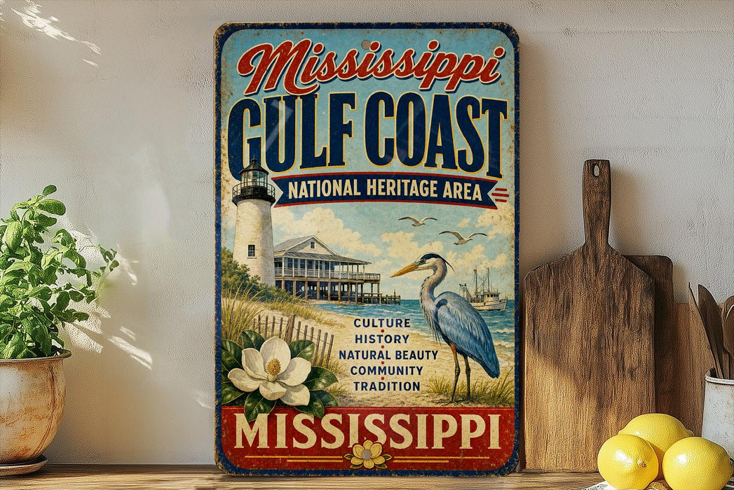 A vintage-style sign for the Mississippi Gulf Coast National Heritage Area, featuring a lighthouse, a bird, and a coastal scene.