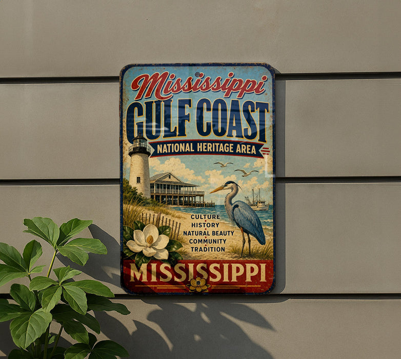 A vintage-style metal sign for the Gulf Coast National Heritage Area in Mississippi, featuring a lighthouse, a bird, and a flower.