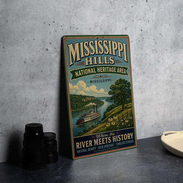 A vintage-style metal sign for the Mississippi Hills National Heritage Area, featuring a river scene with a steamboat and a banner that reads "Where the RIVER MEETS HISTORY".