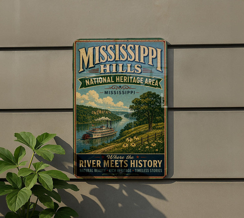 A vintage-style sign for the Mississippi Hills National Heritage Area, featuring a river scene with a steamboat and a lush green landscape.