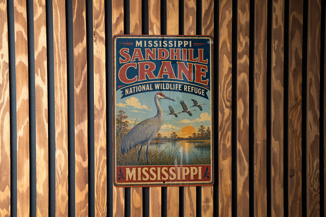 A vintage metal sign for the Sandhill Crane National Wildlife Refuge in Mississippi.