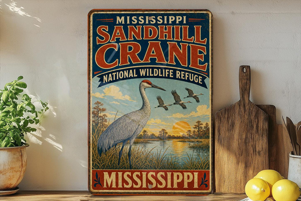 A vintage-style sign for the Mississippi Sandhill Crane National Wildlife Refuge, featuring an illustration of a crane standing in a grassy field with a sunset in the background.