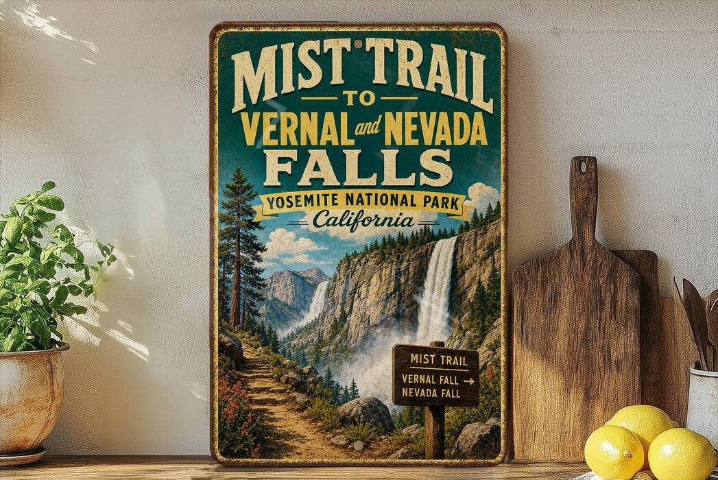 a vintage-style sign for the Mist Trail to Vernal and Nevada Falls in Yosemite National Park, California.