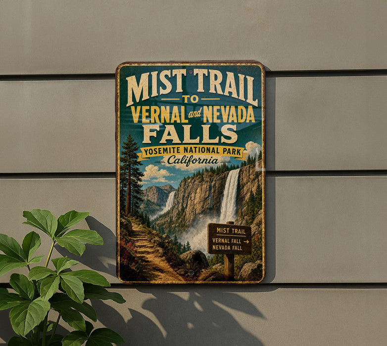 A vintage-style metal sign for the Mist Trail to Vernal and Nevada Falls in Yosemite National Park, California.