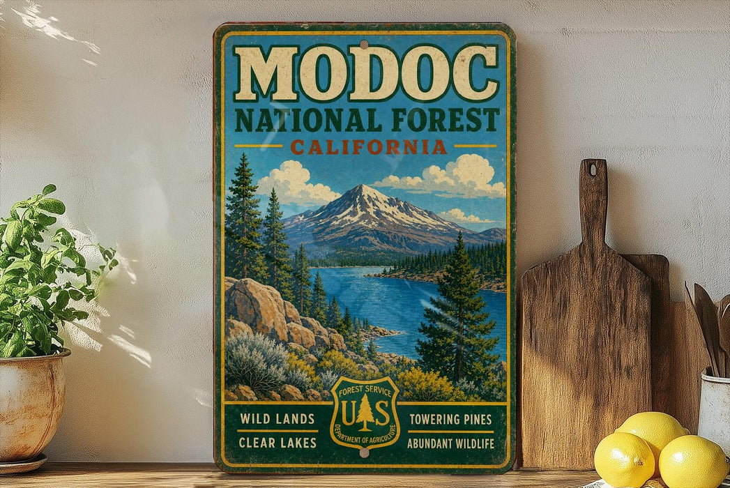 A vintage-style metal sign for Modoc National Forest, California, featuring a scenic mountain landscape with pine trees, clear lakes, and a river.