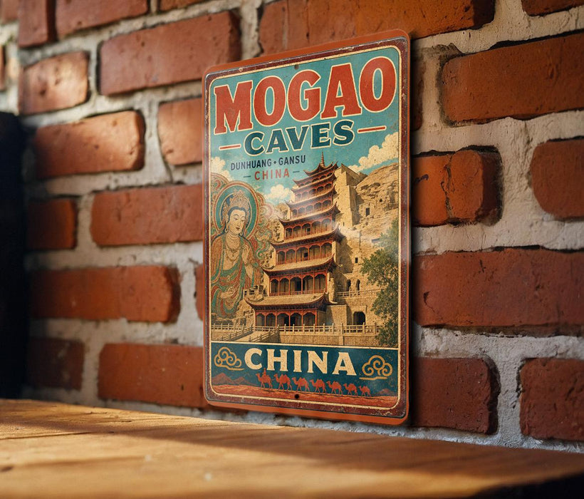 A vintage-style metal sign for the Mogao Caves in China, featuring an illustration of a temple and the text "MOGAO CAVES CHINA".