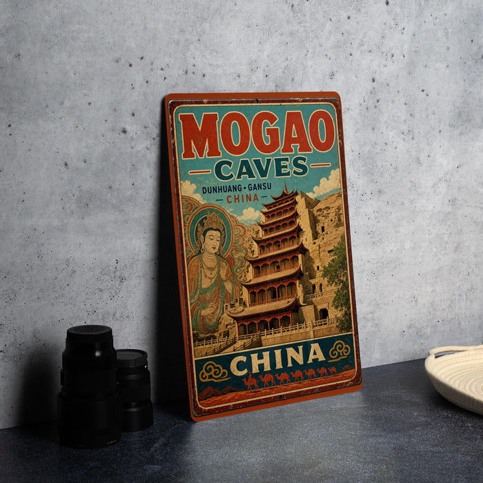 A vintage-style metal sign advertising Mogao Caves in China, featuring an illustration of a temple and a Buddhist figure.