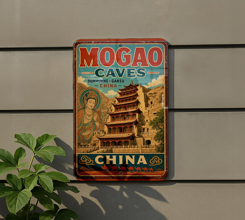 a vintage-style sign for the Mogao Caves in China, with a temple depicted in the background.