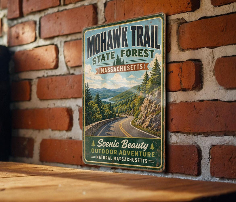 A vintage-style metal sign for the Mohawk Trail in Massachusetts, featuring a scenic mountain landscape with a winding road.