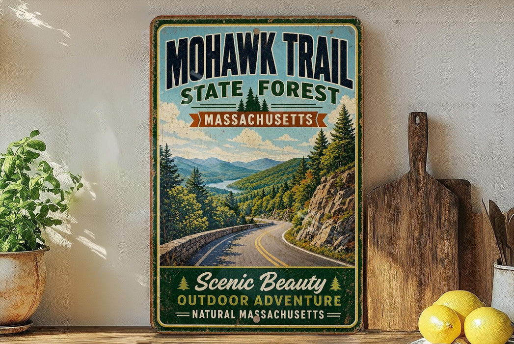 a vintage-style sign for the Mohawk Trail in Massachusetts, with a scenic mountain landscape and a winding road. The sign is displayed on a wooden shelf, surrounded by various kitchen utensils and a potted plant.