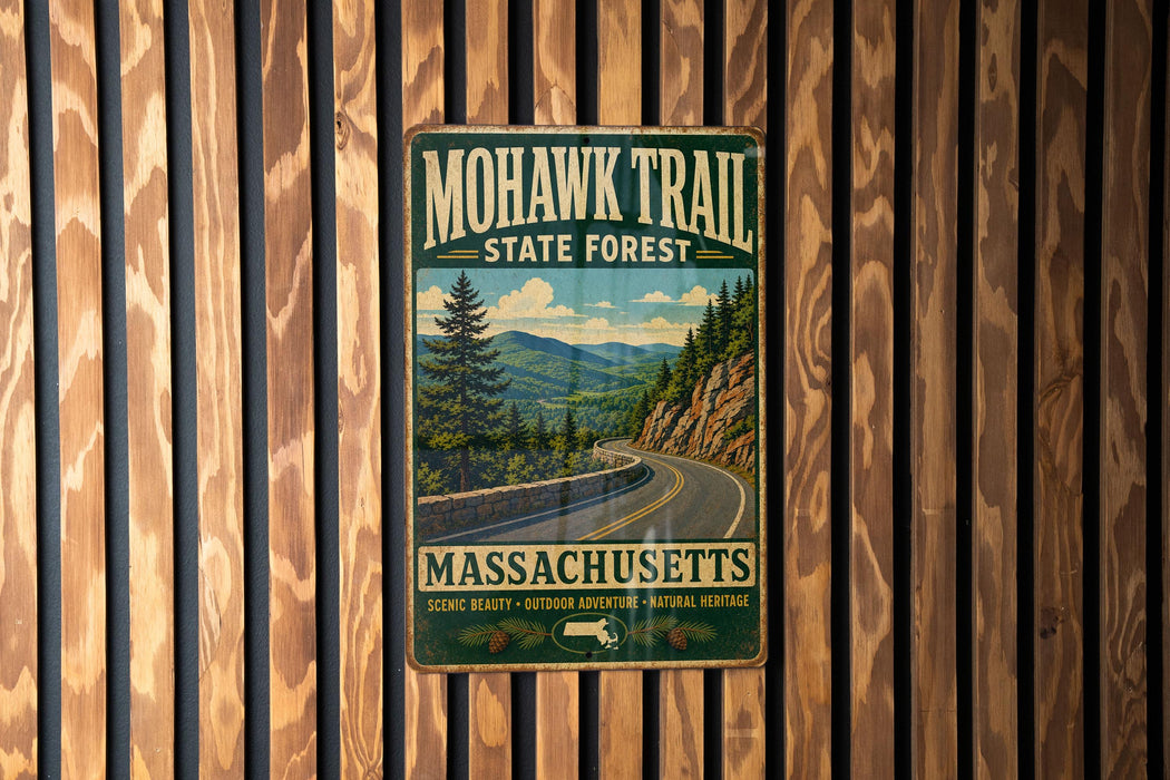 A vintage metal sign for the Mohawk Trail State Forest in Massachusetts, featuring a scenic mountain landscape with a winding road.