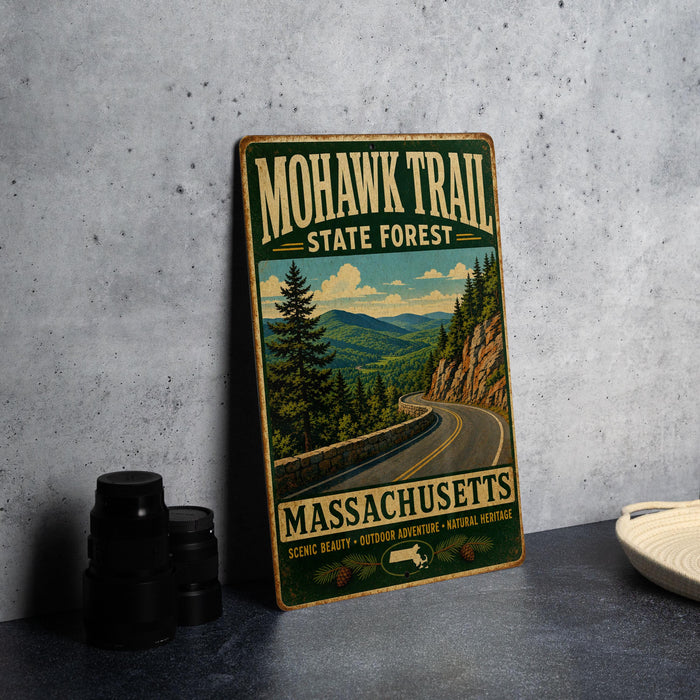 A vintage-style metal sign for the Mohawk Trail in the state forest of Massachusetts, featuring a scenic mountain landscape with a winding road.