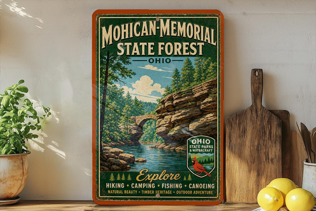 A vintage-style sign for the Mohican-Memorial State Forest in Ohio, featuring a scenic illustration of a river, trees, and a bridge.
