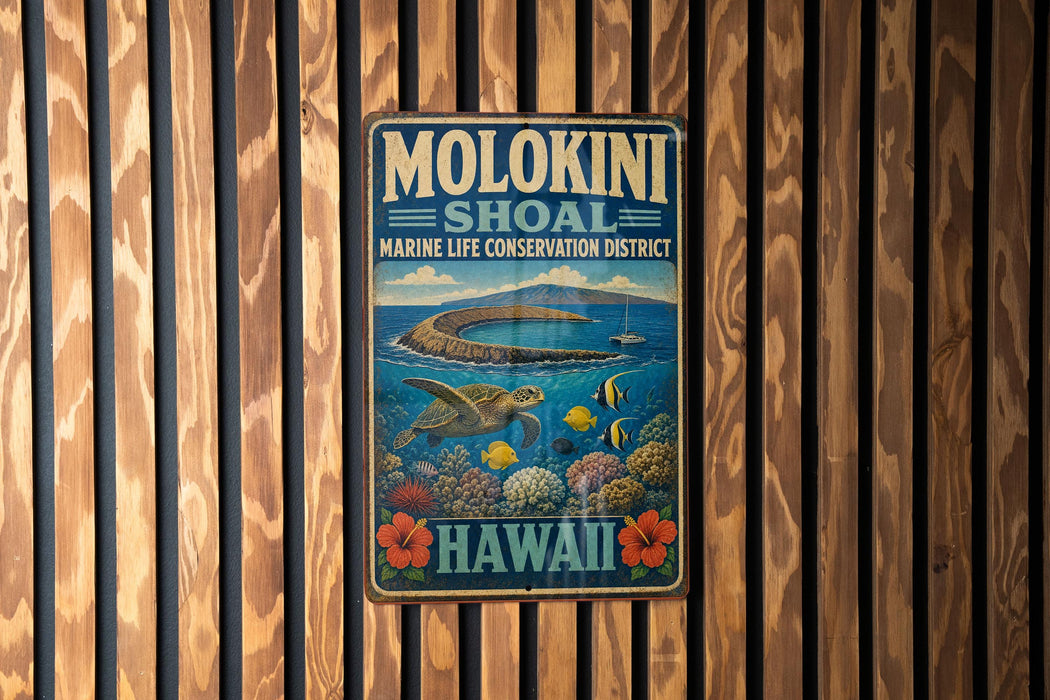 A vintage metal sign for Molokini Shoaal, the Marine Life Conservation District of Hawaii, featuring a turtle and tropical flowers.