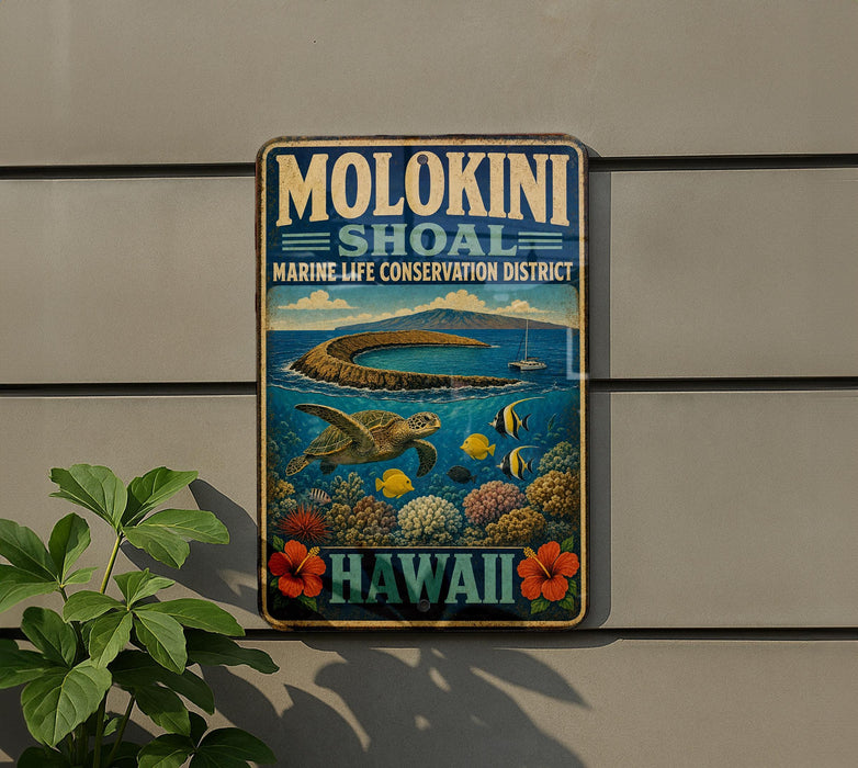 A vintage metal sign for Molokini Shokal, a marine life conservation district in Hawaii, featuring a turtle swimming in the ocean and colorful coral reefs.