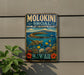 A vintage metal sign for Molokini Shokal, a marine life conservation district in Hawaii, featuring a turtle swimming in the ocean and colorful coral reefs.