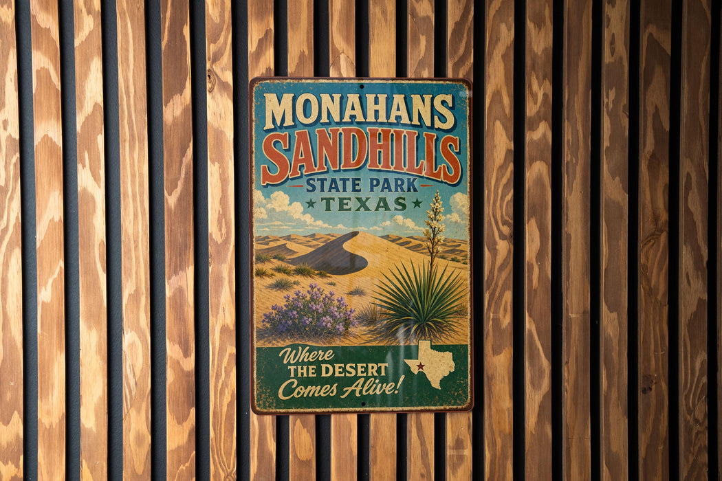 A vintage metal sign for Monahans Sandhills State Park in Texas, featuring a desert landscape with a palm tree and other desert plants.