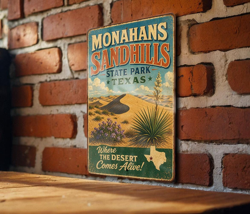 A vintage-style metal sign for Monahans Sandhills State Park in Texas, featuring a desert landscape with a palm tree and flowers.