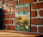 A vintage-style metal sign for Monahans Sandhills State Park in Texas, featuring a desert landscape with a palm tree and flowers.