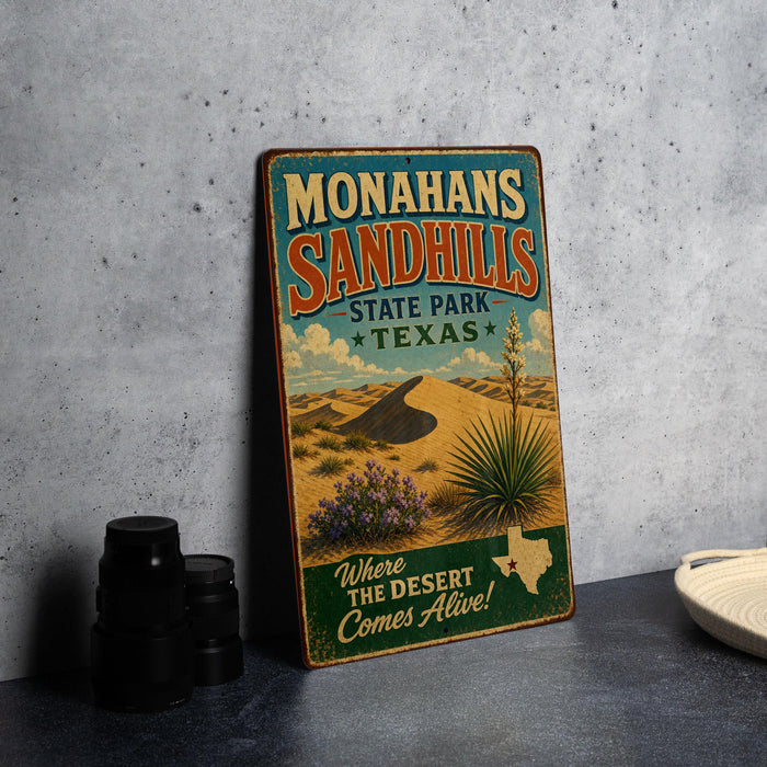 A vintage-style metal sign for Monahans Sandhills State Park in Texas, featuring a desert landscape with a cactus and flowers.