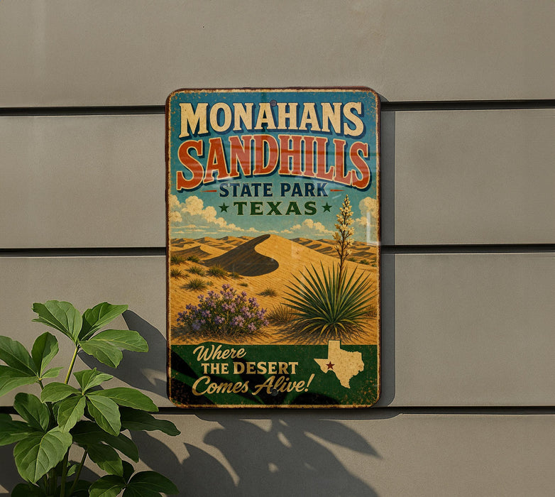 A vintage-style metal sign for Monahans Sandhills State Park in Texas, featuring a desert landscape with a cactus and a palm tree.