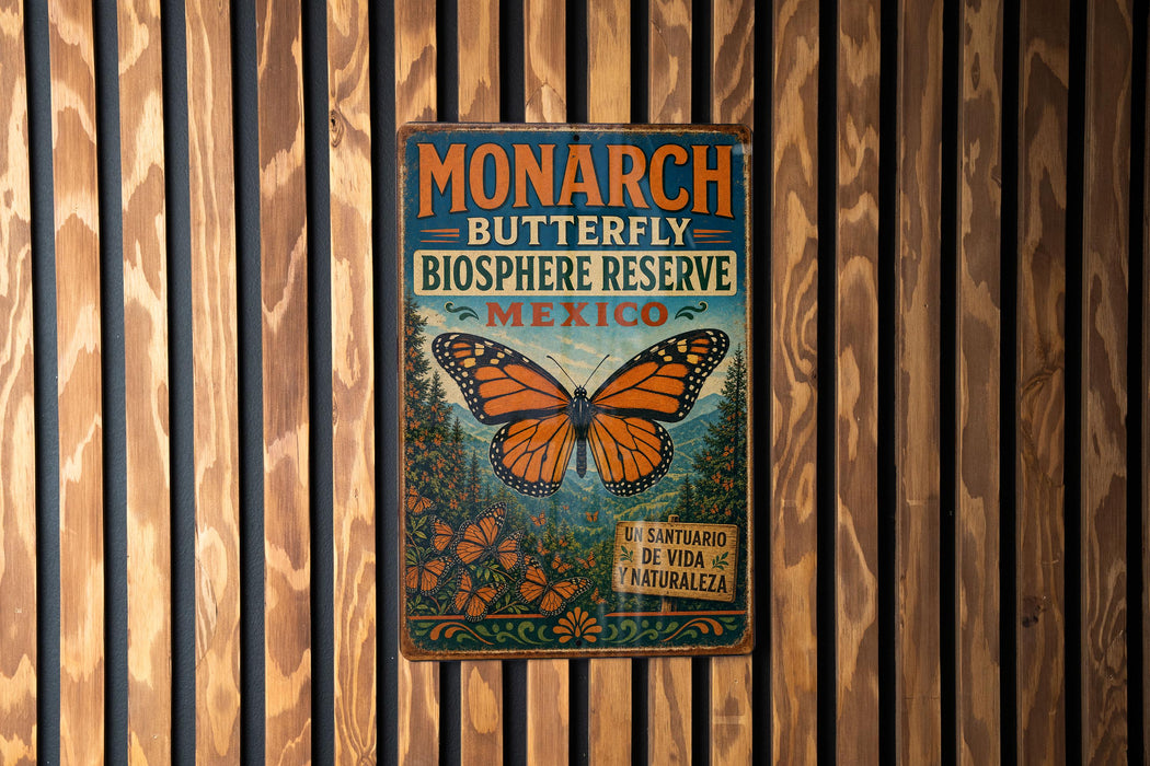 A vintage-style metal sign with a butterfly illustration, mounted on a wooden wall.