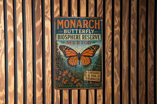 A vintage-style metal sign with a butterfly illustration, mounted on a wooden wall.