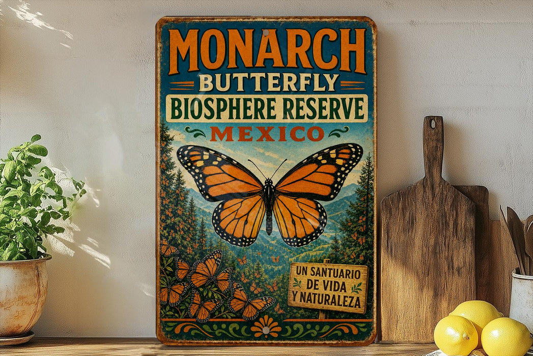 A vintage-style sign advertising the Monarch Butterfly Biosphere Reserve in Mexico, featuring a large orange and black butterfly and surrounded by flowers and greenery.