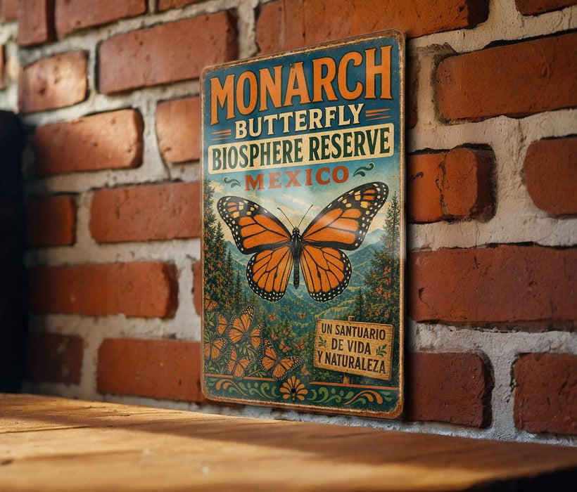A vintage-style metal sign with a butterfly illustration hangs on a brick wall.