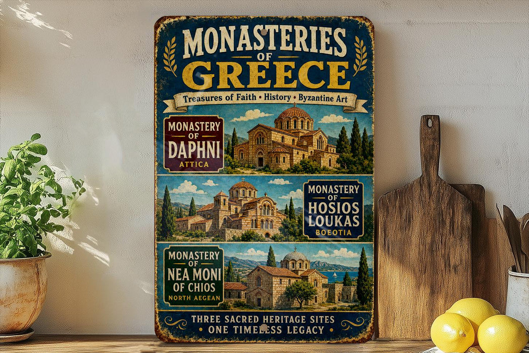 a vintage-style metal sign with illustrations of Greek monasteries, placed on a wooden surface next to a wooden cutting board and some lemons.