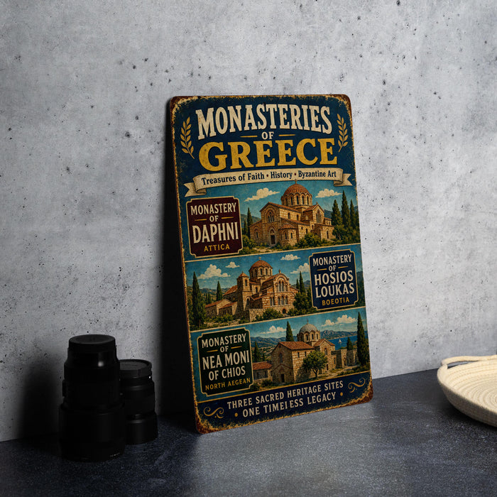 A vintage metal sign displaying the Monasteries of Greece, featuring images of various Greek temples and churches.