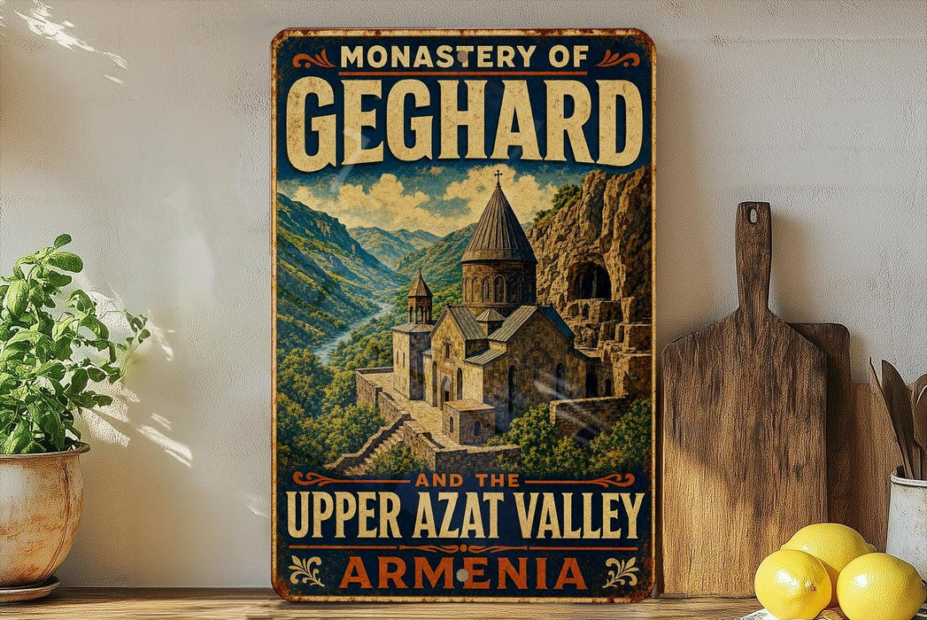 A vintage-style metal sign with the text "MONASTERY OF GEGHARD AND THE UPPER AZAT VALLEY ARMENIA" and an illustration of a mountainous landscape with a church or cathedral.